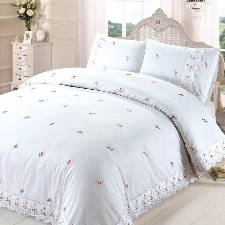 Sophie Floral Embroidered White Duvet Cover Set - Single - Ideal Textiles