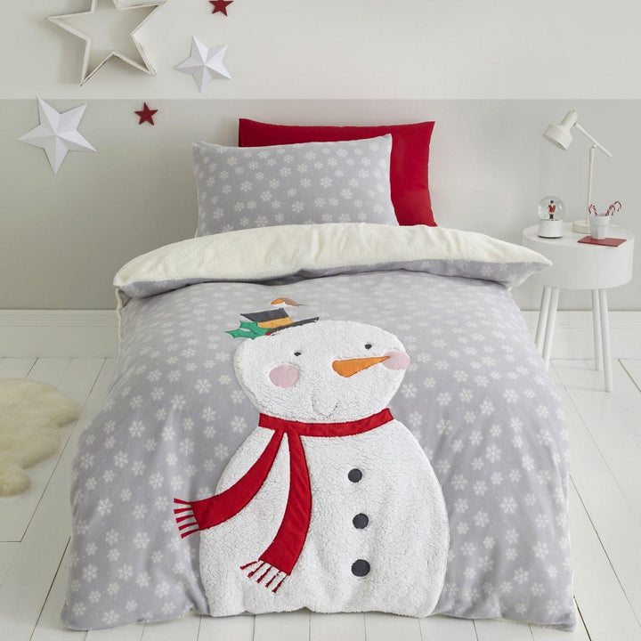 Cosy Snowman Sherpa Fleece Grey Christmas Duvet Cover Set - Single - Ideal Textiles