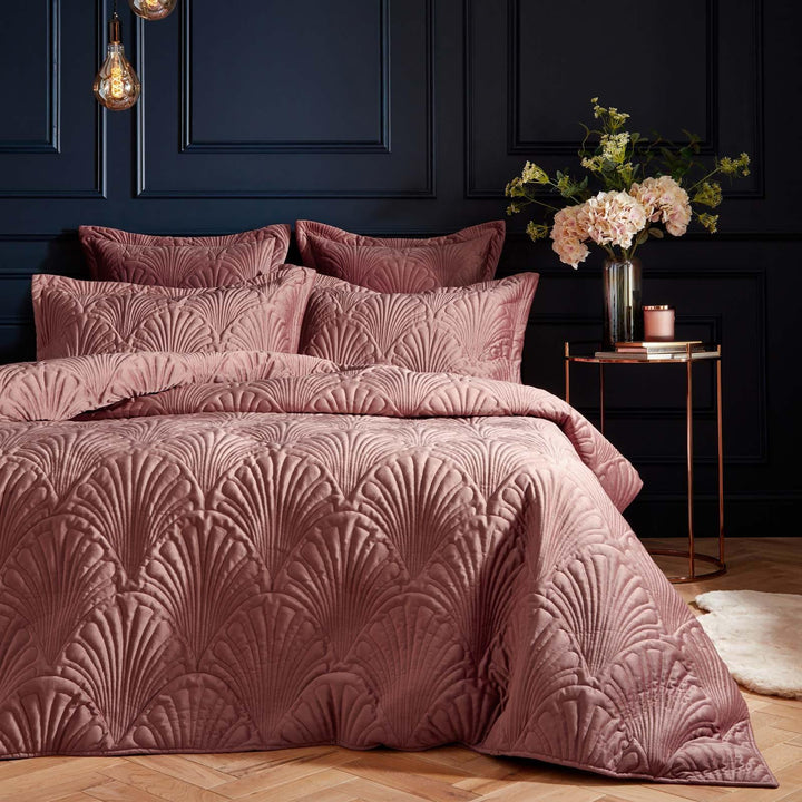 Palmeria Embroidered Quilted Plush Velvet Blush Pink Duvet Cover Set - Single - Ideal Textiles