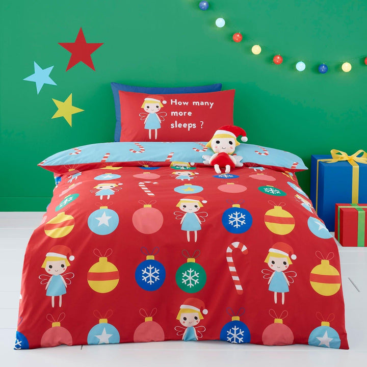 Christmas Fairy 100% Cotton Reversible Red Duvet Cover Set - Junior - Ideal Textiles