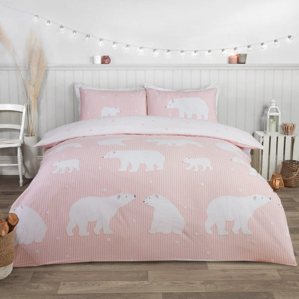 Polar Bear 100% Brushed Cotton Flannelette Blush Pink Duvet Cover Set - Single - Ideal Textiles
