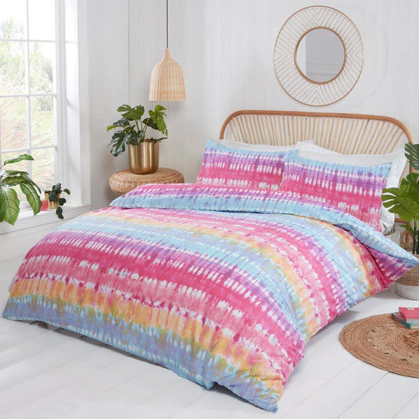 Tie Dye Stripe Print Multicolour Duvet Cover Set - Single - Ideal Textiles