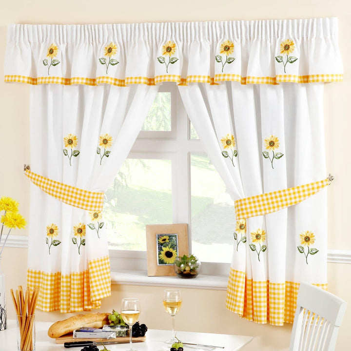 Sunflower Embroidered Yellow Tape Top Kitchen Curtains - 46'' x 42'' - Ideal Textiles