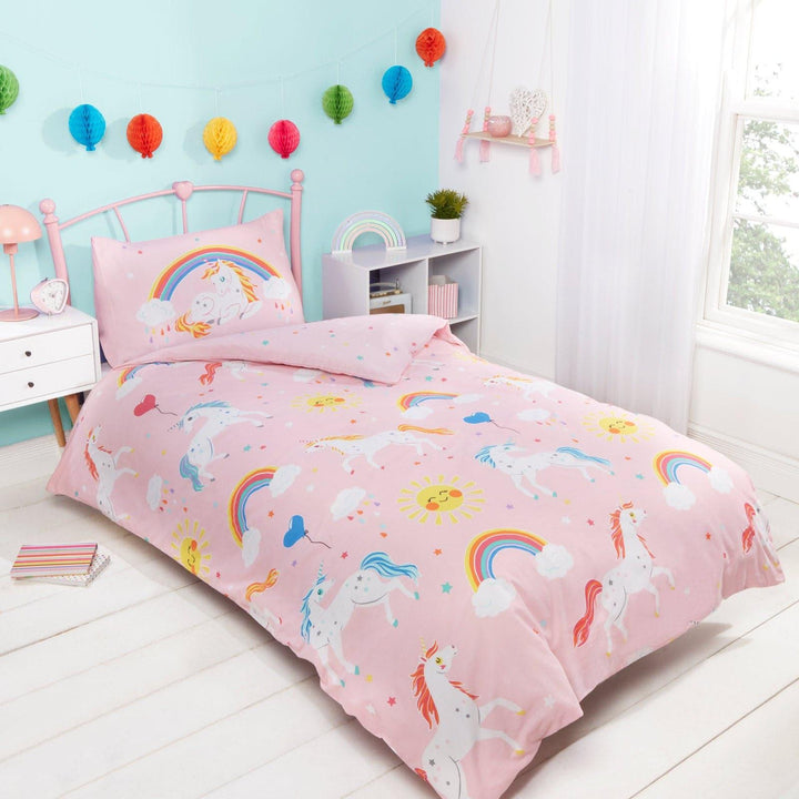 Sunny Unicorn Rainbow Glow in the Dark Pink Kids Duvet Cover Set - Single - Ideal Textiles