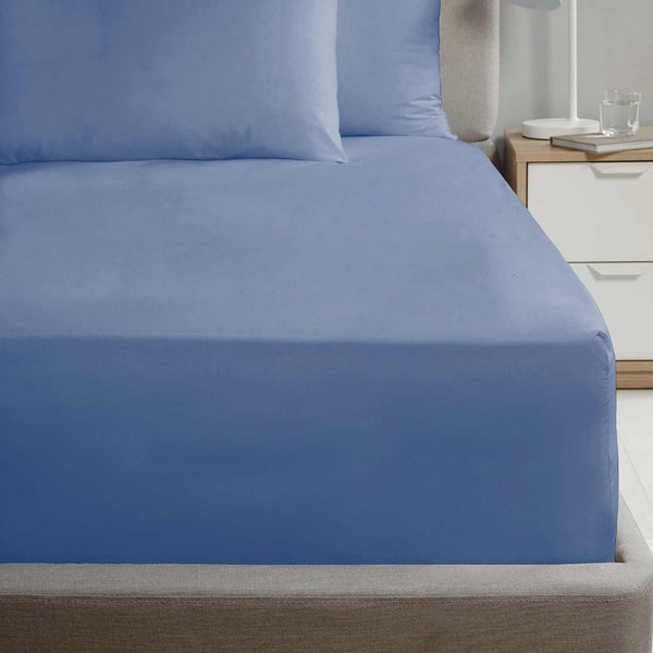 Plain Percale 25cm Deep Fitted Sheets Blue - Single - Ideal Textiles