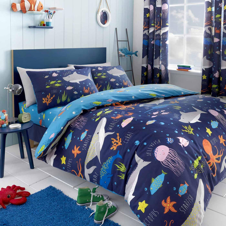 Sea Life Glow in the Dark Blue Kids Duvet Cover Set - Single - Ideal Textiles