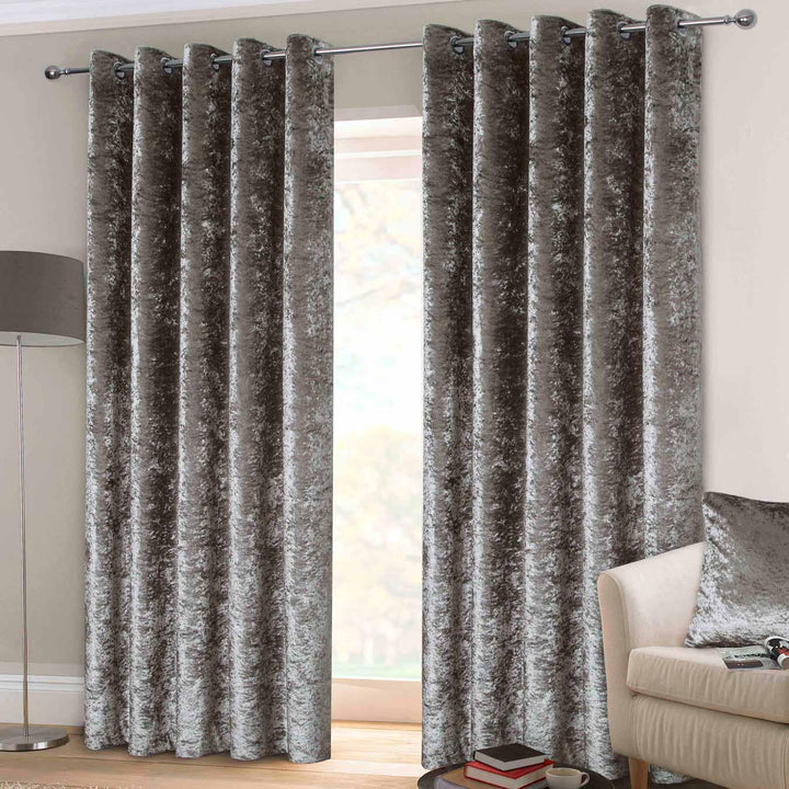 Crushed Velvet Lined Eyelet Curtains Silver - 66'' x 72'' - Ideal Textiles