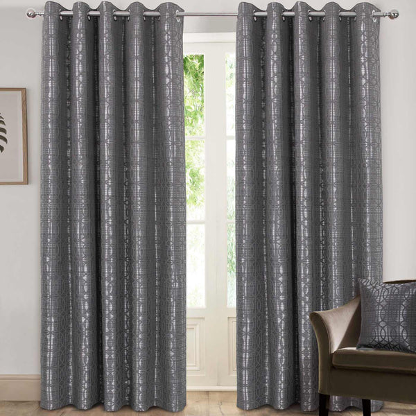 Tuscany Jacquard Lined Eyelet Curtains Silver - 66'' x 54'' - Ideal Textiles