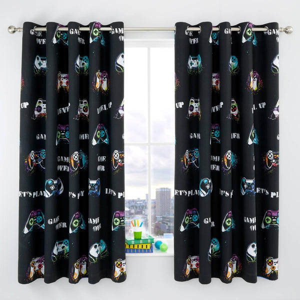 Game Over Reversible Black Lined Eyelet Curtains - Ideal