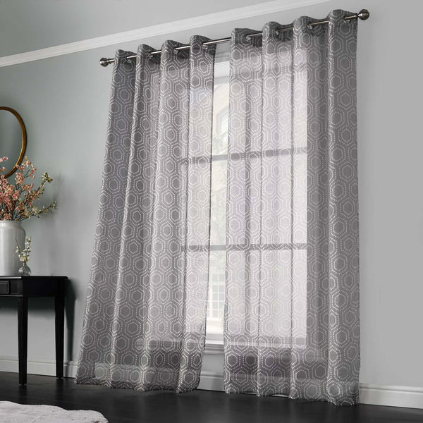 Helena Geometric Eyelet Voile Curtains Pair Grey - 54" x 90" - Ideal Textiles