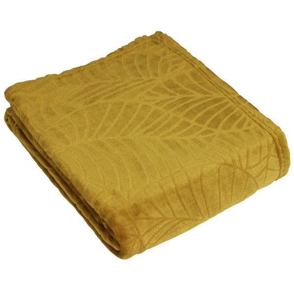 Folio Textured Leaf Mustard Fleece Throw 140cm x 180cm -  - Ideal Textiles