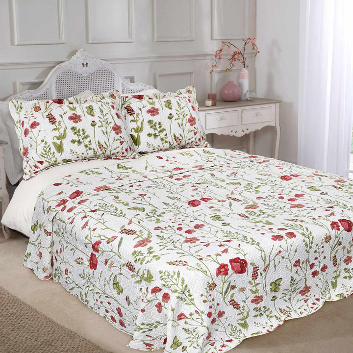 Poppy Floral Red Quilted Bedspread Set - Ideal