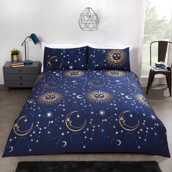 Celestial Metallic Moon & Stars Navy Duvet Cover Set - Single - Ideal Textiles