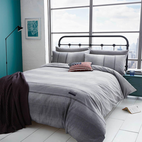 Denim Stitch Distressed Style Printed Grey Duvet Cover Set - Double - Ideal Textiles