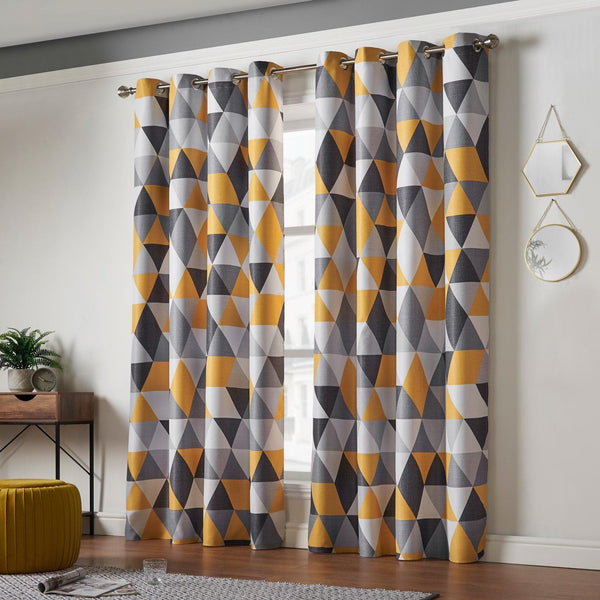 Malmo Geometric Thermal Blockout Eyelet Curtains Ochre - 66'' x 54'' - Ideal Textiles
