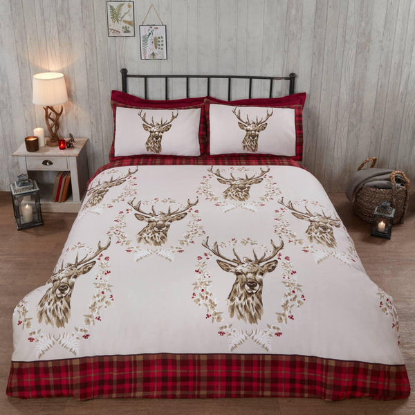 Angus 100% Brushed Cotton Flannelette Red Duvet Cover Set - Single - Ideal Textiles