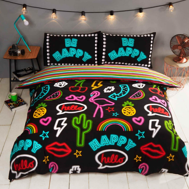 Be Happy Neon Sign Reversible Duvet Cover Set - Ideal