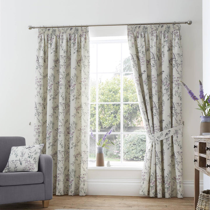Jazmine Floral Bird Lined Tape Top Curtains Heather - 46'' x 54'' - Ideal Textiles