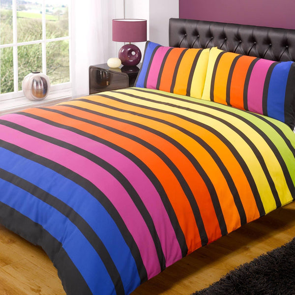 Soho Banded Stripe Rainbow Duvet Cover Set - Single - Ideal Textiles