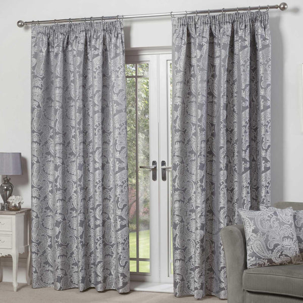 Duchess Paisley Jacquard Lined Tape Top Curtains Silver - 46'' x 54'' - Ideal Textiles