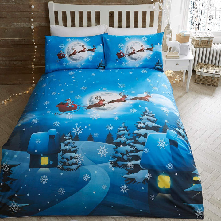 Santa Glow in the Dark Blue Christmas Duvet Cover Set - Single - Ideal Textiles