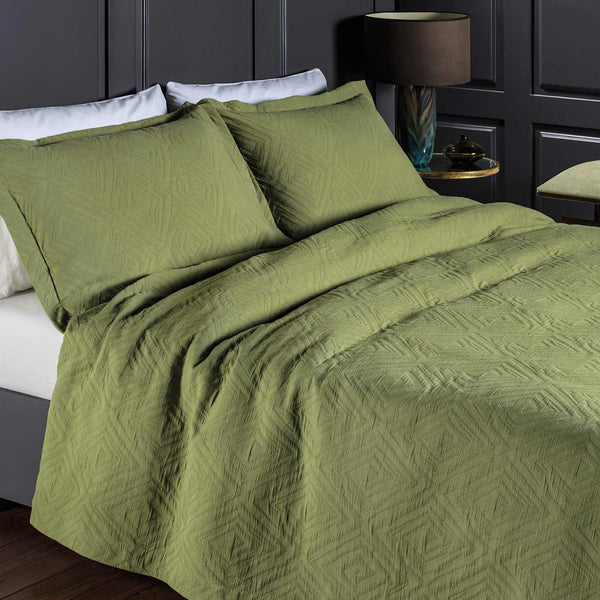 Padstow Diamond Luxury Woven Cotton Bedspread Olive - Single - Ideal Textiles