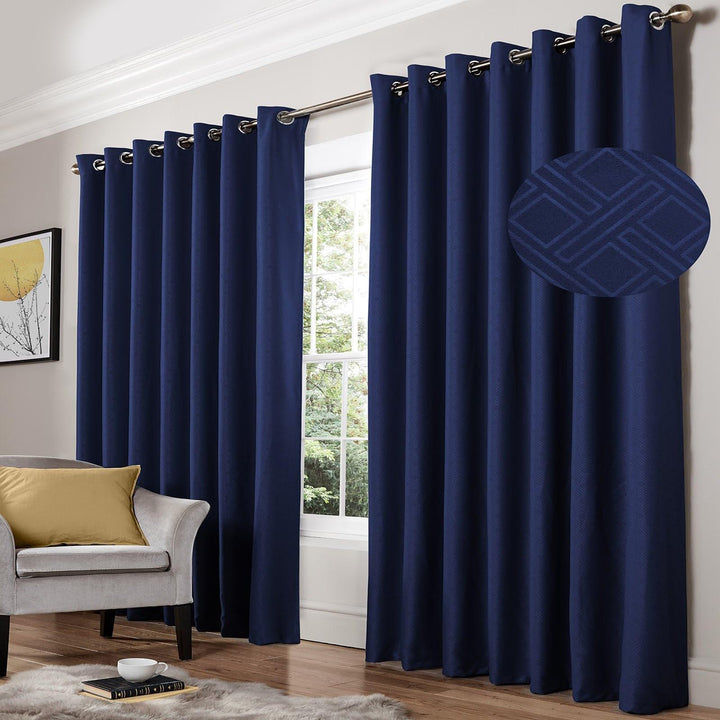 Diamond Blackout Thermal Eyelet Curtains Blue - 46'' x 54'' - Ideal Textiles