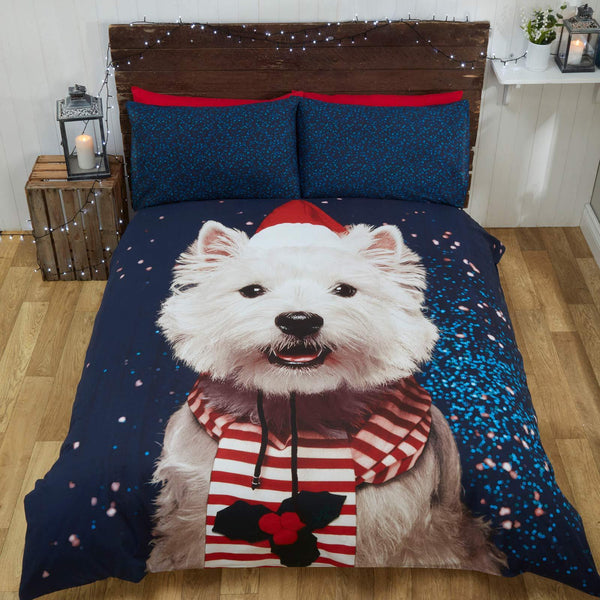 Westie Dog Winter Photographic Blue Christmas Duvet Cover Set - Double - Ideal Textiles