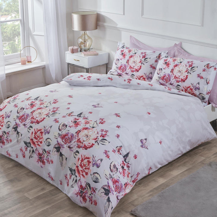 Bella Floral Peony Butterfly Pink Duvet Cover Set - Single - Ideal Textiles