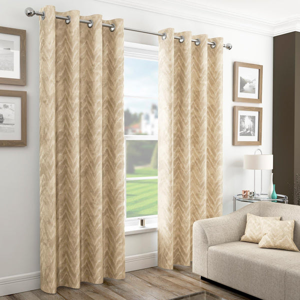 Chevron Chenille Lined Eyelet Curtains Natural - 46'' x 54'' - Ideal Textiles