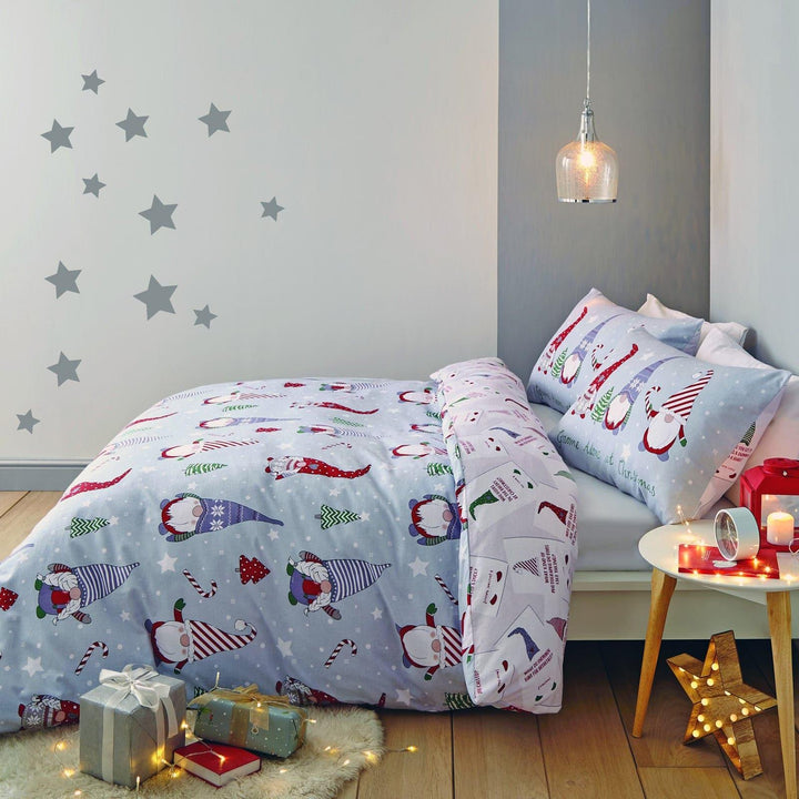 Christmas Gnomes 100% Brushed Cotton Flannelette Grey Duvet Cover Set - Single - Ideal Textiles