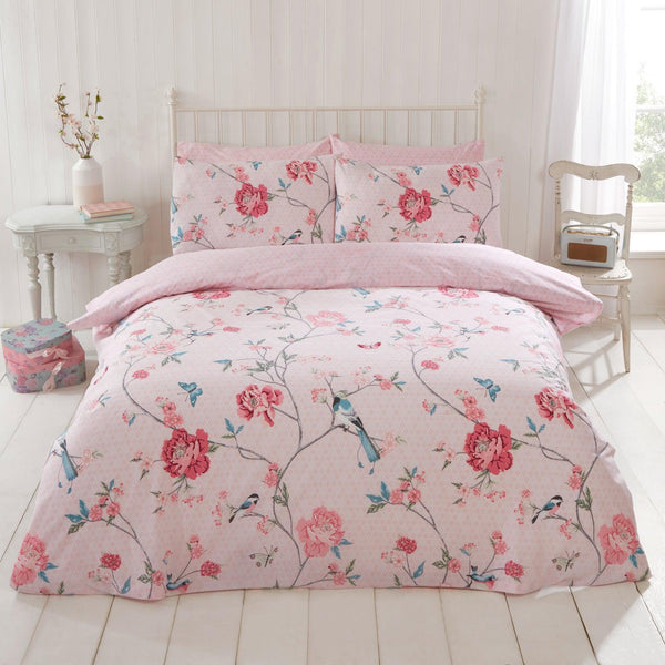 Tranquility Floral Birds Reversible Pink Duvet Cover Set - Single - Ideal Textiles