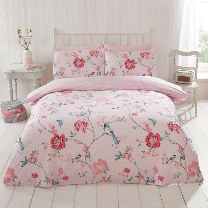 Tranquility Floral Birds Reversible Pink Duvet Cover Set - Single - Ideal Textiles
