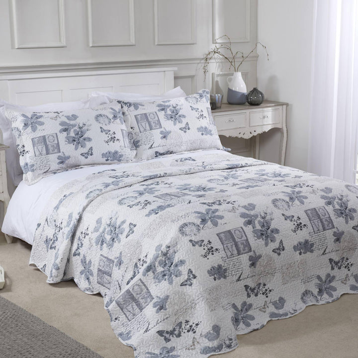 Wordsworth Floral Patchwork Quilted Silver Bedspread Set - Single - Ideal Textiles