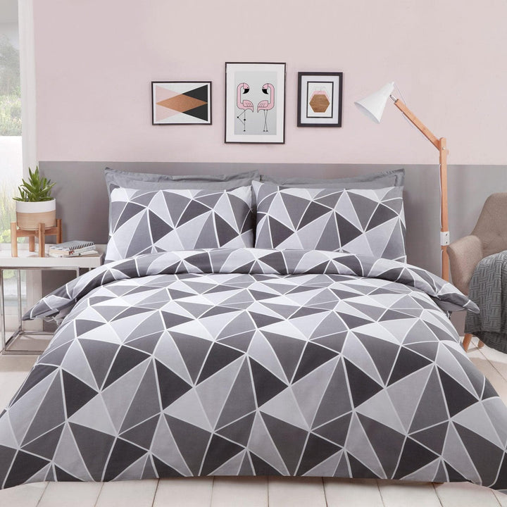 Leo Geometric Triangles Print Grey Duvet Cover Set - Single - Ideal Textiles