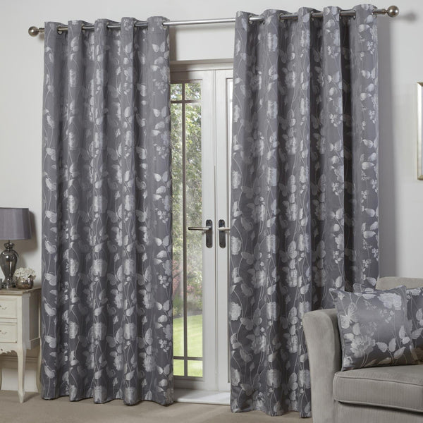 Butterfly Meadow Jacquard Lined Eyelet Curtains Silver - 46'' x 54'' - Ideal Textiles