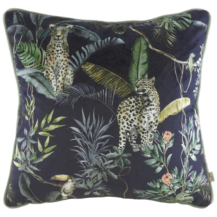 Jungle Leopard Tropical Velvet Petrol Filled Cushions 17'' x 17'' - Polyester Pad - Ideal Textiles