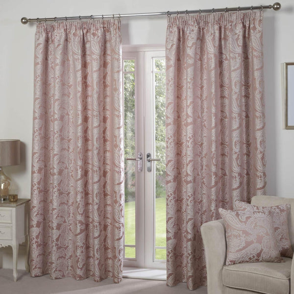 Duchess Paisley Jacquard Lined Tape Top Curtains Blush Pink - 46'' x 54'' - Ideal Textiles