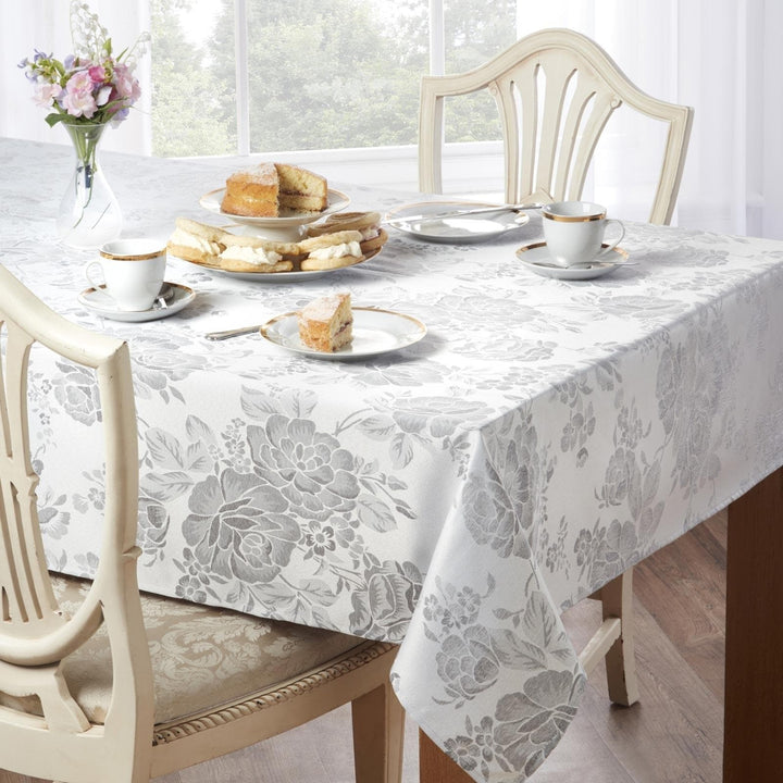 Grace Floral Damask Jacquard Silver Tablecloths - 50'' x 70'' - Ideal Textiles
