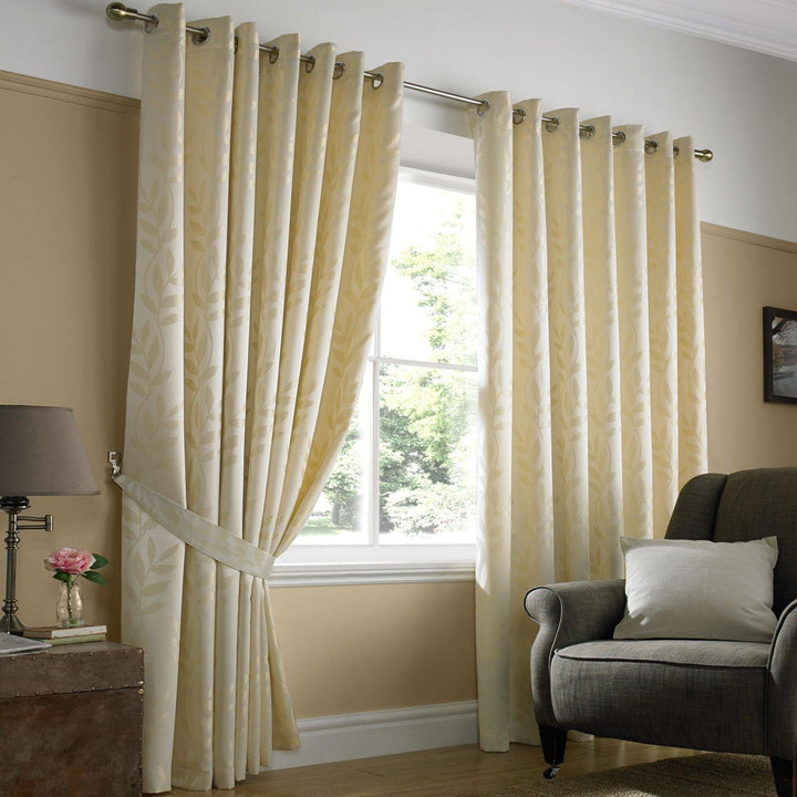 Tivoli Leaf Jacquard Lined Eyelet Curtains Cream - 46'' x 54'' - Ideal Textiles