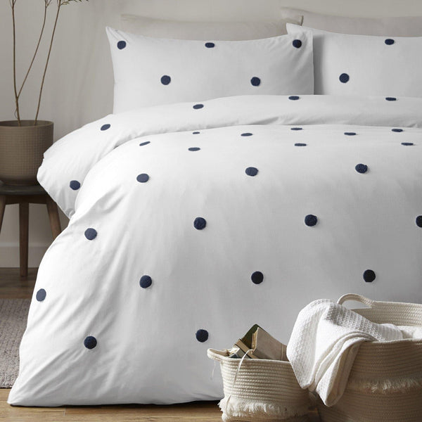 Dot Garden Tufted Spot 100% Cotton White & Navy Duvet Cover Set - Single - Ideal Textiles