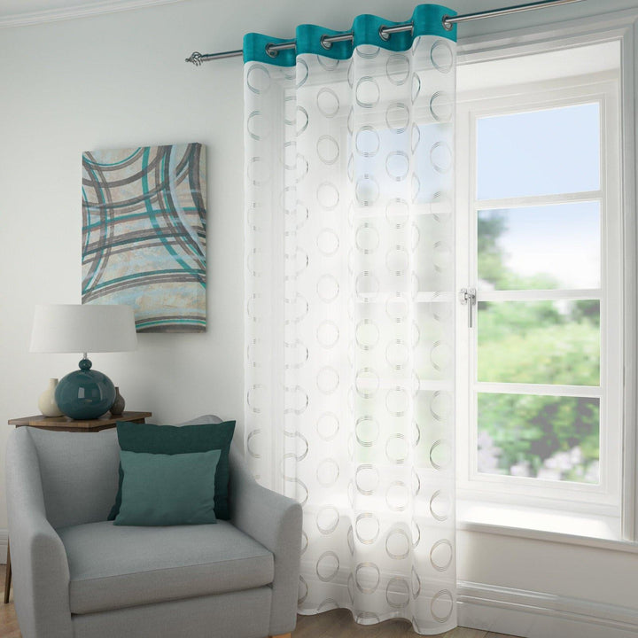 Spiro Metallic Eyelet Voile Curtain Panels Teal - 55'' x 54'' - Ideal Textiles