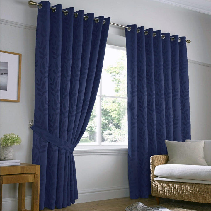 Tivoli Leaf Jacquard Lined Eyelet Curtains Navy - 46'' x 54'' - Ideal Textiles