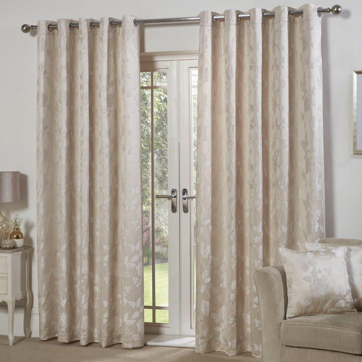 Butterfly Meadow Jacquard Lined Eyelet Curtains Cream - 46'' x 54'' - Ideal Textiles
