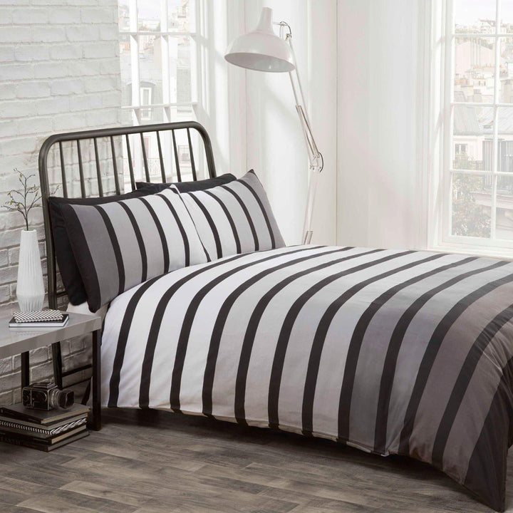 Soho Banded Stripe Black & Grey Duvet Cover Set - Single - Ideal Textiles