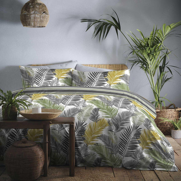 Tropical Palm Leaf Reversible Stripe Ochre Duvet Cover Set - Single - Ideal Textiles