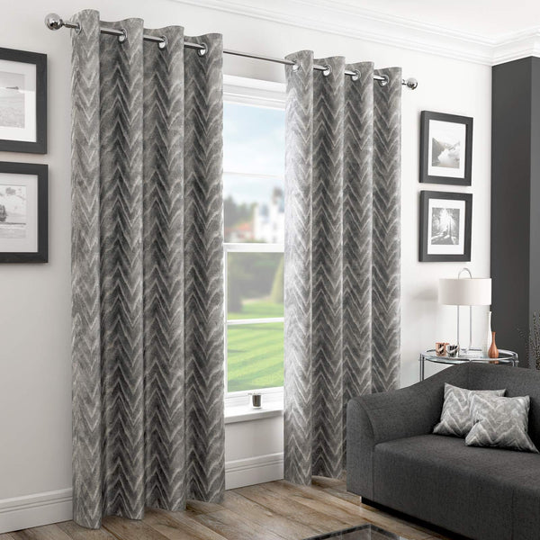 Chevron Chenille Lined Eyelet Curtains Silver - 46'' x 54'' - Ideal Textiles