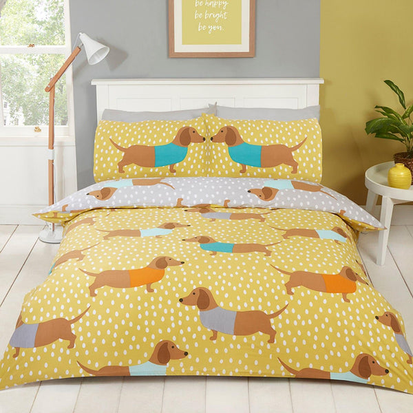 Dolly Dachshund Sausage Dogs Yellow Duvet Cover Set - Single - Ideal Textiles