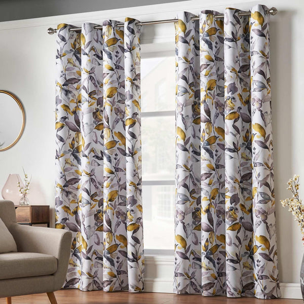 Giverny Floral Thermal Blockout Eyelet Curtains Ochre - 66'' x 54'' - Ideal Textiles