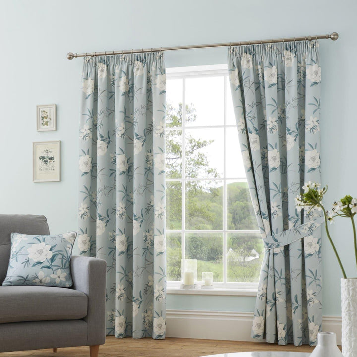 Eve Floral Lined Tape Top Curtains Duck Egg - 46'' x 54'' - Ideal Textiles